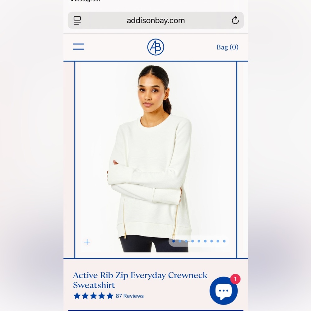 Addison Bay White Active Rib Zip Crewneck Everyday Sweatshirt